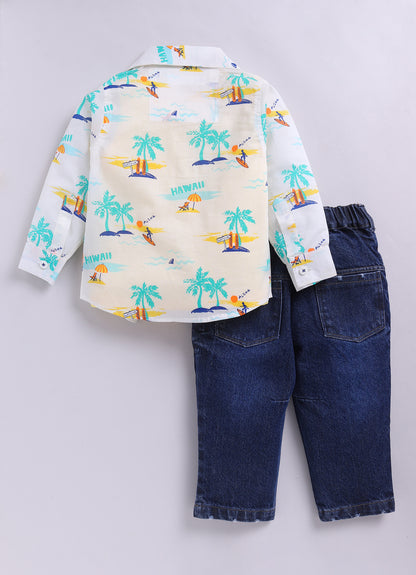 Boys Printed Casual Shirt, Tshirt & Barrel Fit Denim Pant Set - White