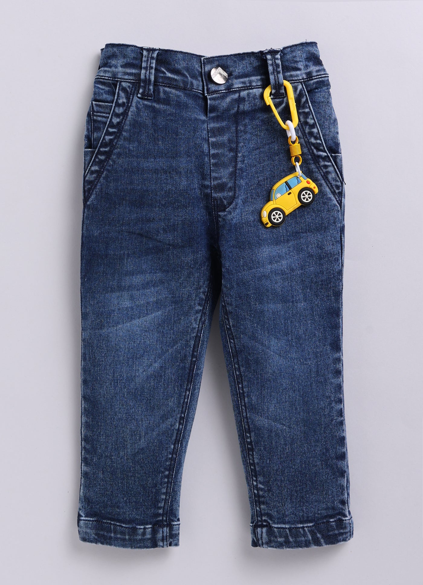 Boys Cotton Printed Blazer with Solid Car T shirt, Denim Jeans Pant with keychain Coat Set - Peach