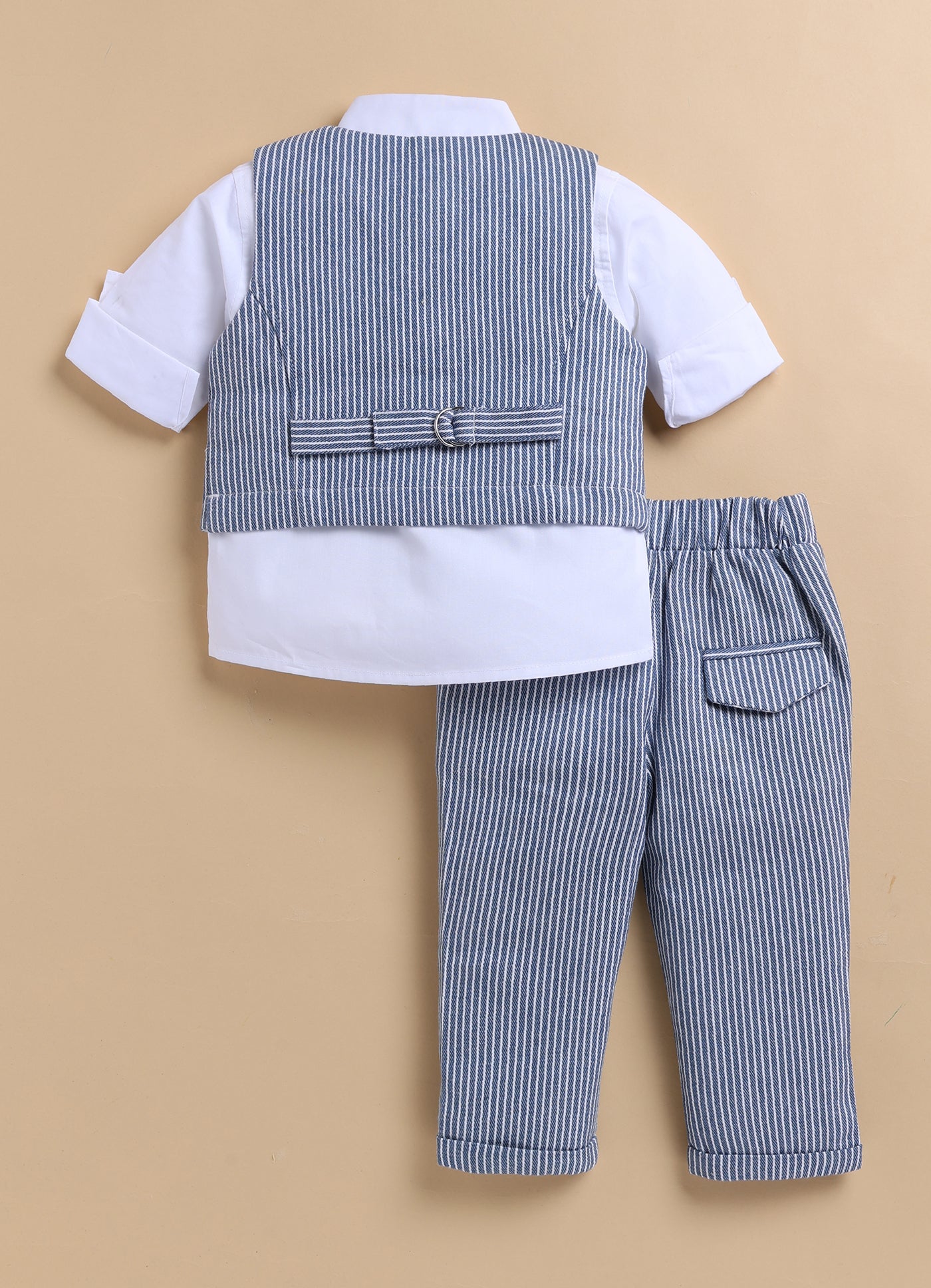 Cotton Woven Full Sleeves Striped Animal Logo Waistcoat Jacket Pant with Solid Shirt & Bow Coord Set- Blue