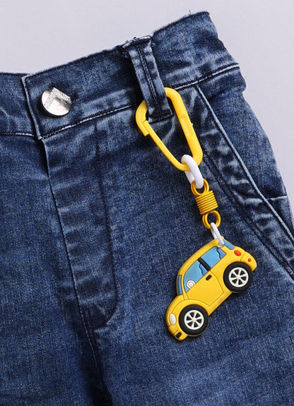 Boys Cotton Printed Blazer with Solid Car T shirt, Denim Jeans Pant with keychain Coat Set - Yellow