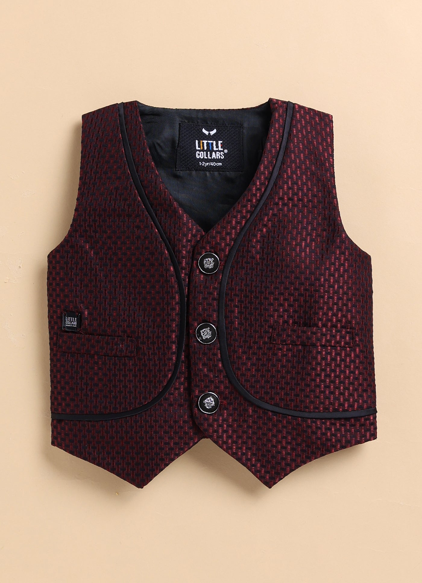 Blended  Woven Full Sleeves Jaquard Waistcoat Pant with Shirt & Bow Partywear Set- Maroon