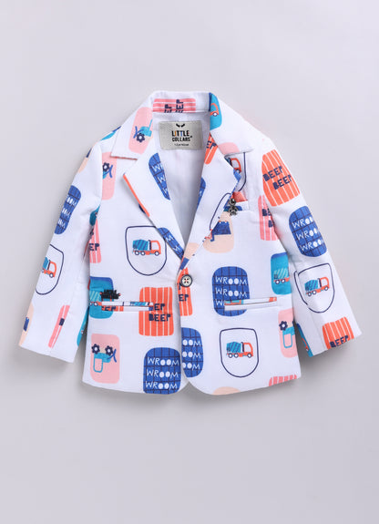 Boys Cotton Printed Blazer with Solid Car T shirt, Denim Jeans Pant with keychain Coat Set - Peach