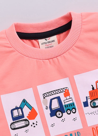 Boys Cotton Printed Blazer with Solid Car T shirt, Denim Jeans Pant with keychain Coat Set - Peach