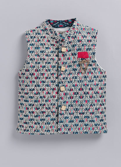 Boys Festive Embroidered Ikat Ethnic Nehru Jacket Kurta Pajama Set - Blue