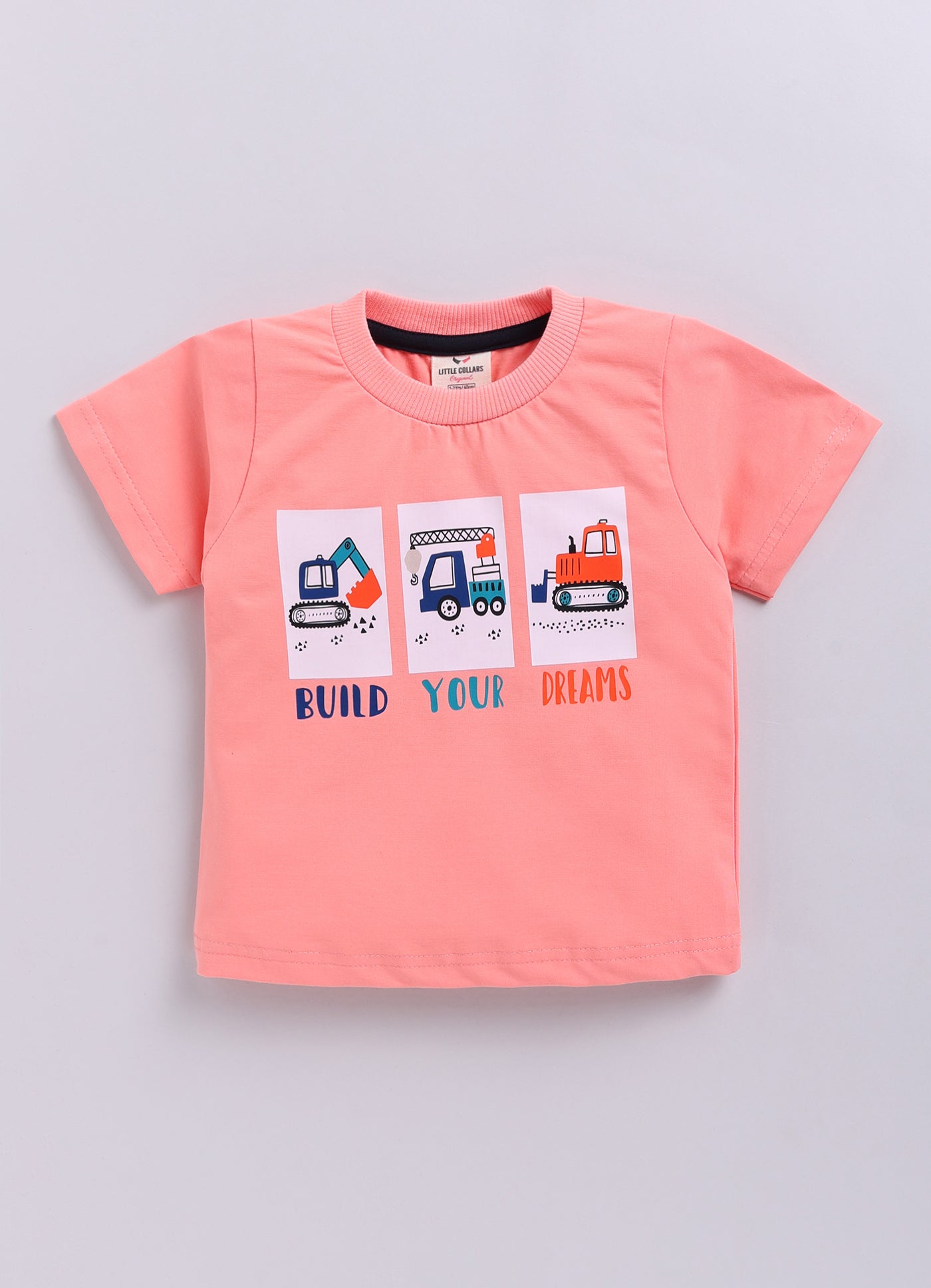 Boys Cotton Printed Blazer with Solid Car T shirt, Denim Jeans Pant with keychain Coat Set - Peach