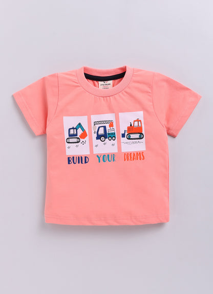 Boys Cotton Printed Blazer with Solid Car T shirt, Denim Jeans Pant with keychain Coat Set - Peach