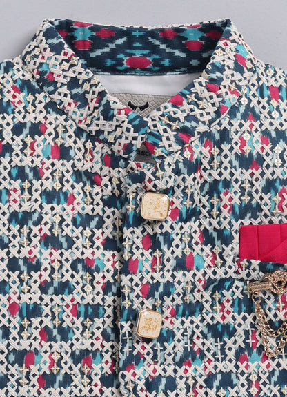 Boys Festive Embroidered Ikat Ethnic Nehru Jacket Kurta Pajama Set - Blue