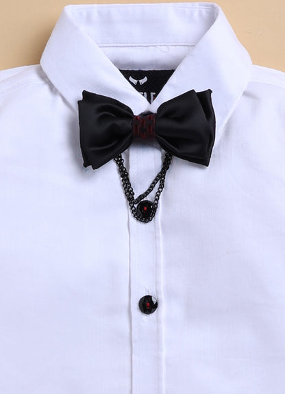 Blended  Woven Full Sleeves Jaquard Waistcoat Pant with Shirt & Bow Partywear Set- Maroon