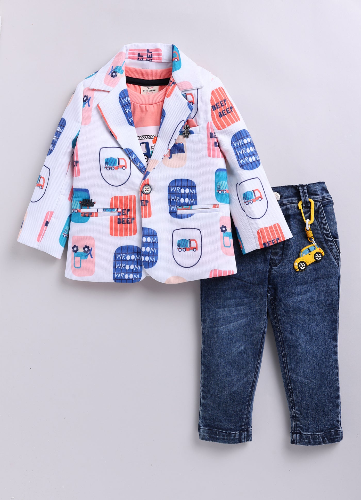 Boys Cotton Printed Blazer with Solid Car T shirt, Denim Jeans Pant with keychain Coat Set - Peach