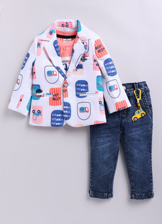 Boys Cotton Printed Blazer with Solid Car T shirt, Denim Jeans Pant with keychain Coat Set - Peach