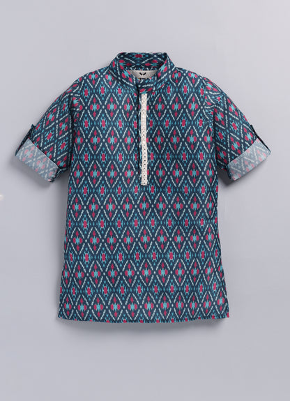 Boys Festive Embroidered Ikat Ethnic Nehru Jacket Kurta Pajama Set - Blue