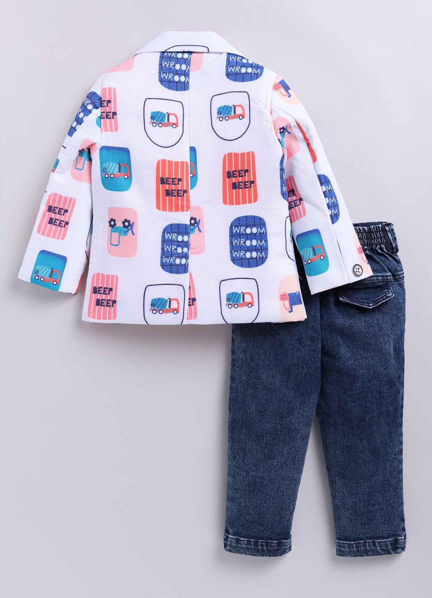 Boys Cotton Printed Blazer with Solid Car T shirt, Denim Jeans Pant with keychain Coat Set - Peach