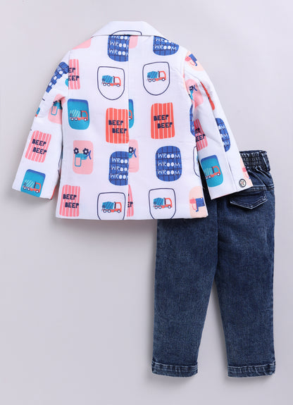 Boys Cotton Printed Blazer with Solid Car T shirt, Denim Jeans Pant with keychain Coat Set - Peach