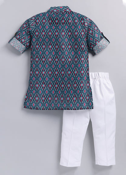 Boys Festive Embroidered Ikat Ethnic Nehru Jacket Kurta Pajama Set - Blue