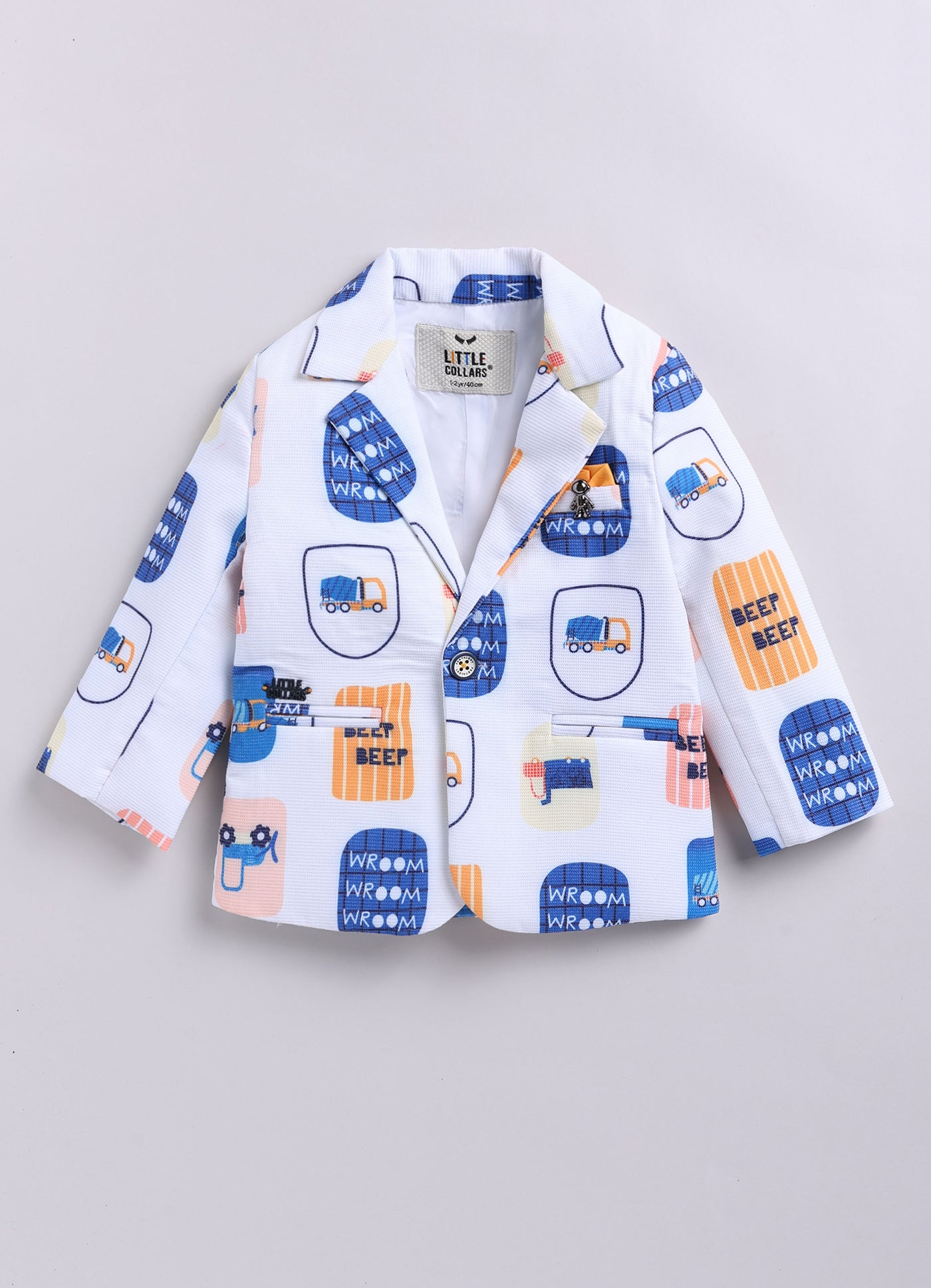 Boys Cotton Printed Blazer with Solid Car T shirt, Denim Jeans Pant with keychain Coat Set - Yellow