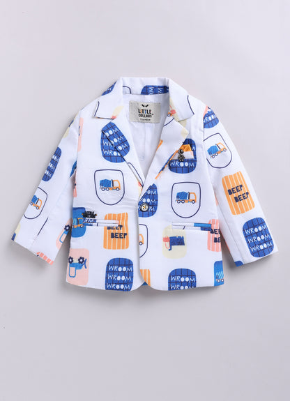 Boys Cotton Printed Blazer with Solid Car T shirt, Denim Jeans Pant with keychain Coat Set - Yellow