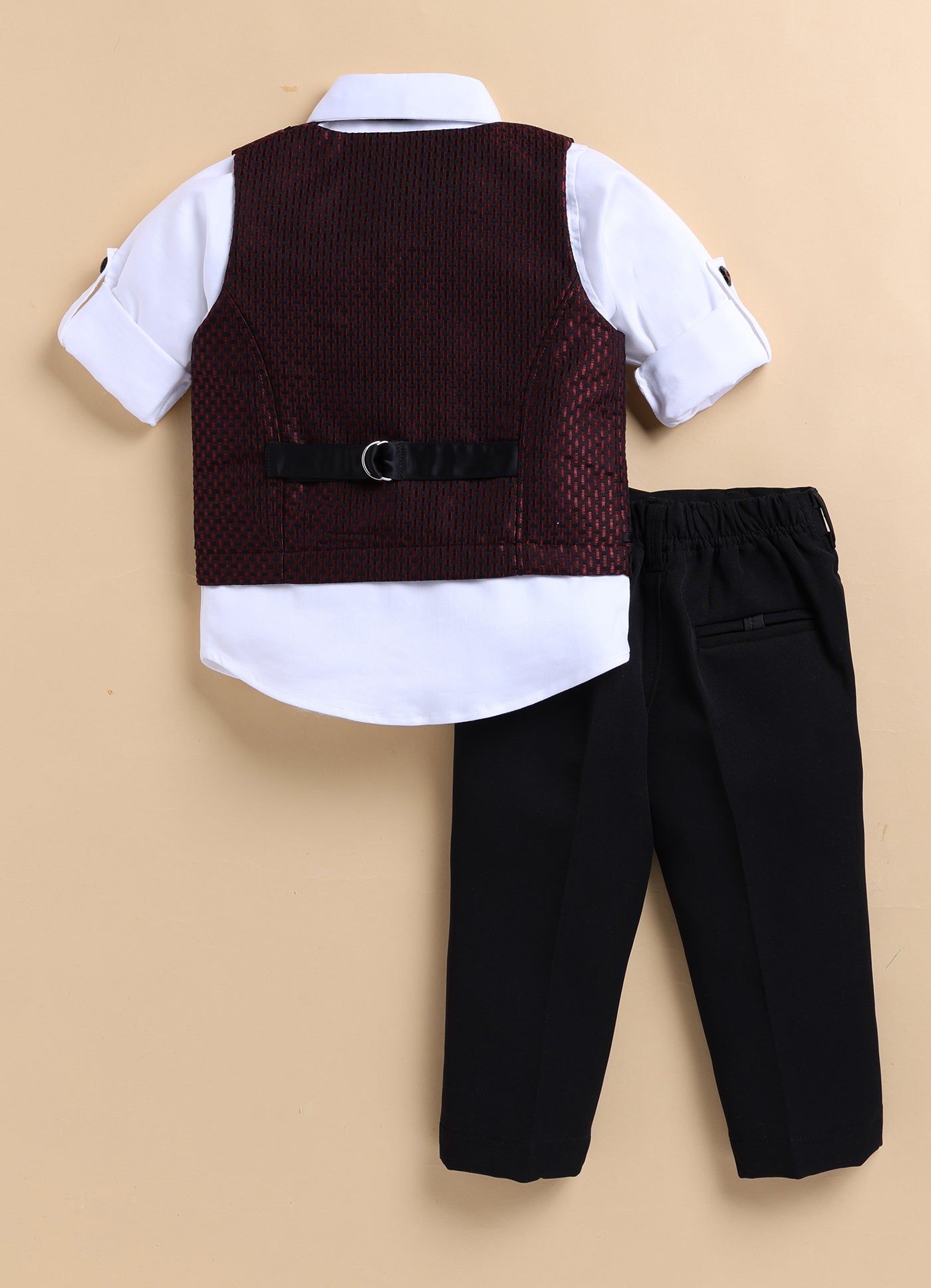Blended  Woven Full Sleeves Jaquard Waistcoat Pant with Shirt & Bow Partywear Set- Maroon
