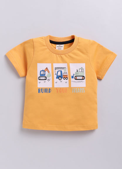 Boys Cotton Printed Blazer with Solid Car T shirt, Denim Jeans Pant with keychain Coat Set - Yellow