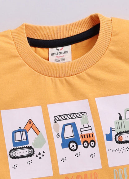 Boys Cotton Printed Blazer with Solid Car T shirt, Denim Jeans Pant with keychain Coat Set - Yellow