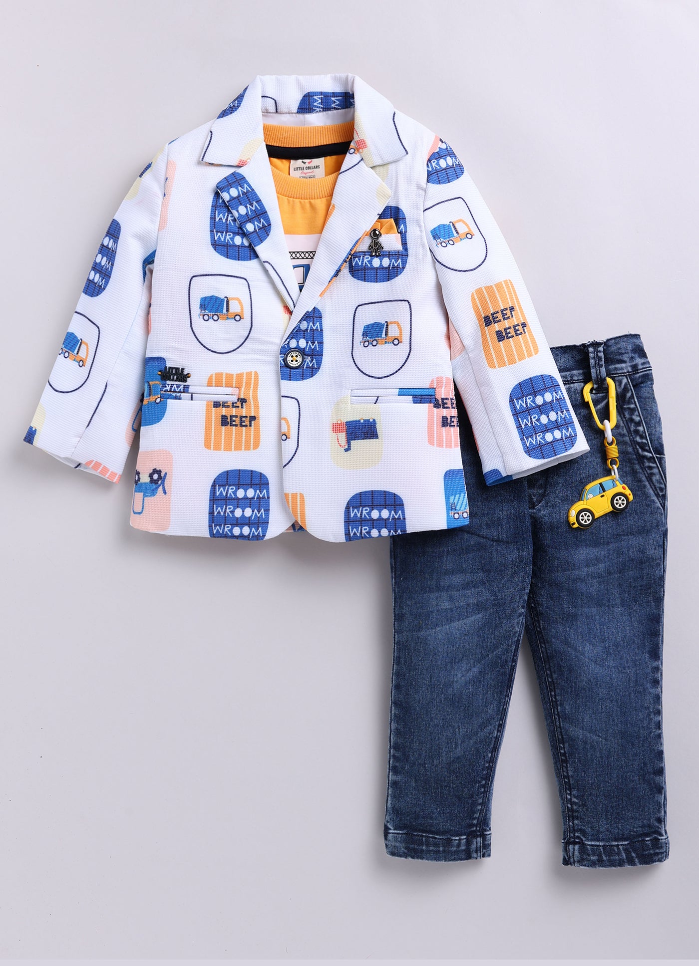 Boys Cotton Printed Blazer with Solid Car T shirt, Denim Jeans Pant with keychain Coat Set - Yellow