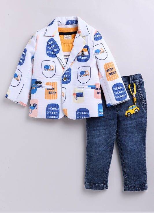 Boys Cotton Printed Blazer with Solid Car T shirt, Denim Jeans Pant with keychain Coat Set - Yellow