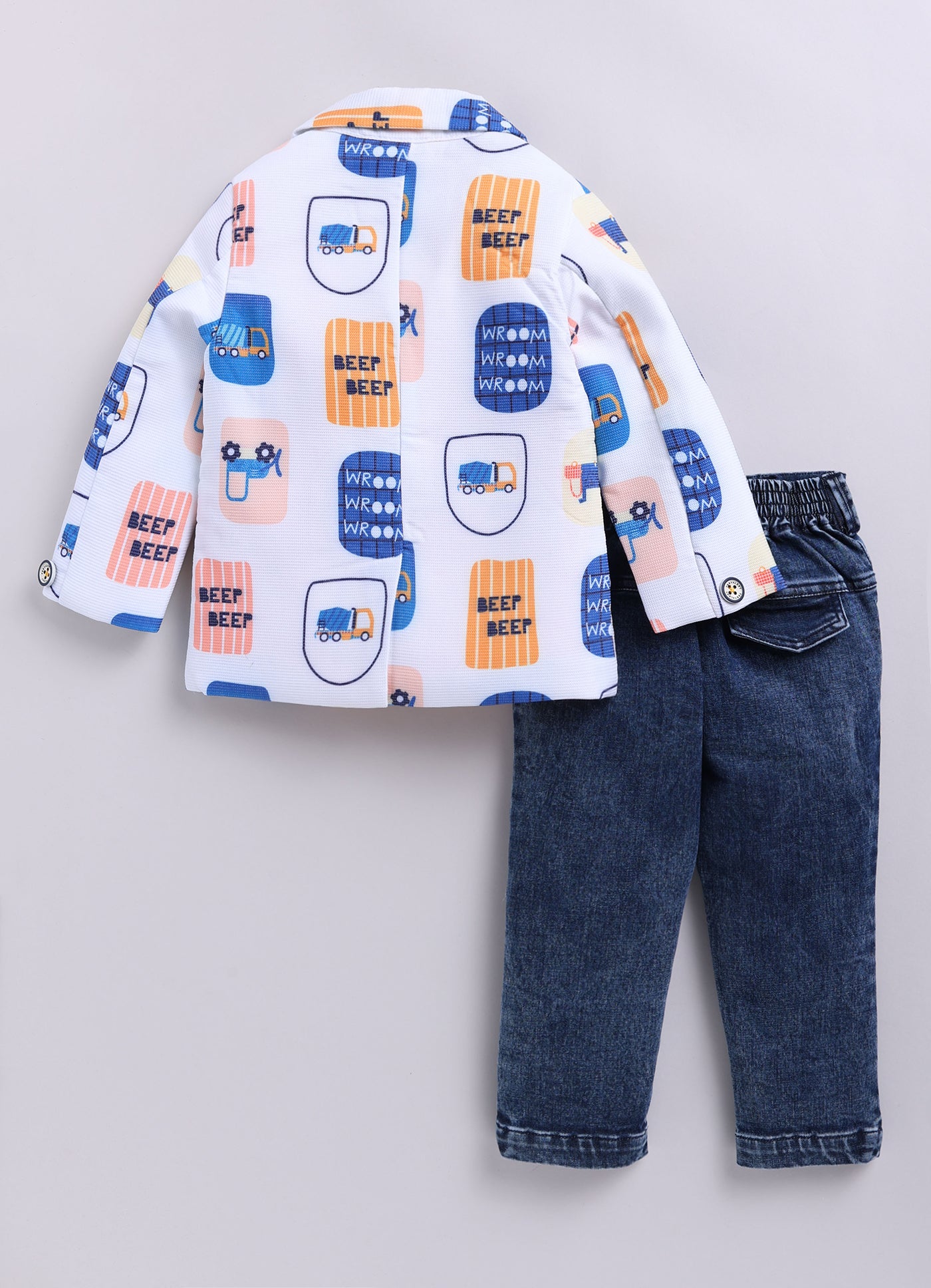 Boys Cotton Printed Blazer with Solid Car T shirt, Denim Jeans Pant with keychain Coat Set - Yellow