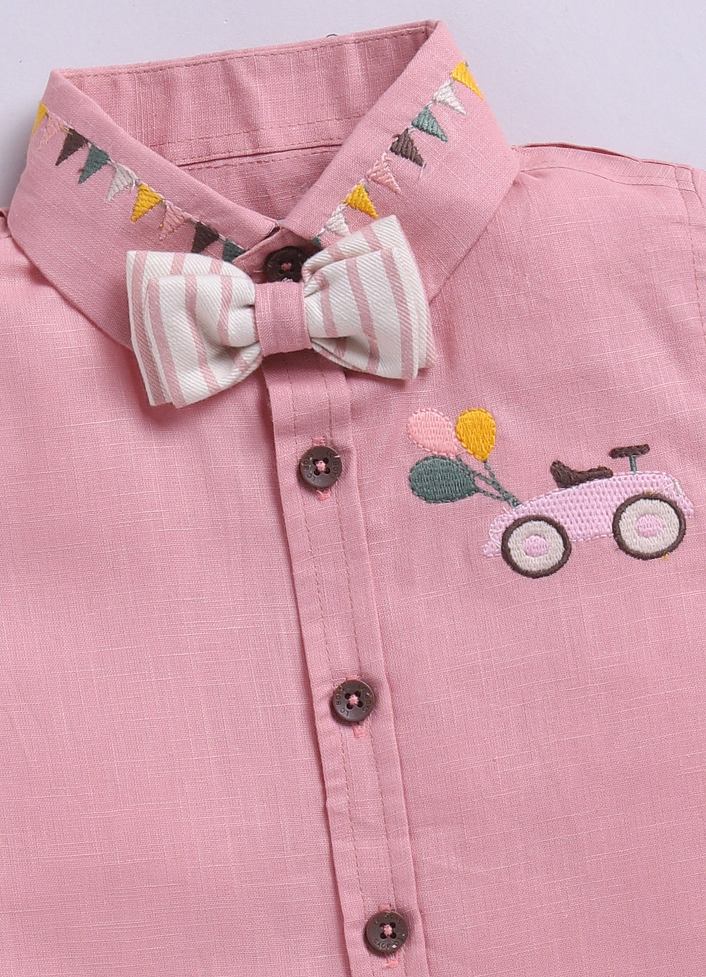 Boys Carnival theme Embriodered Cotton Shirt, Shorts & Bow Suspender Set- Pink