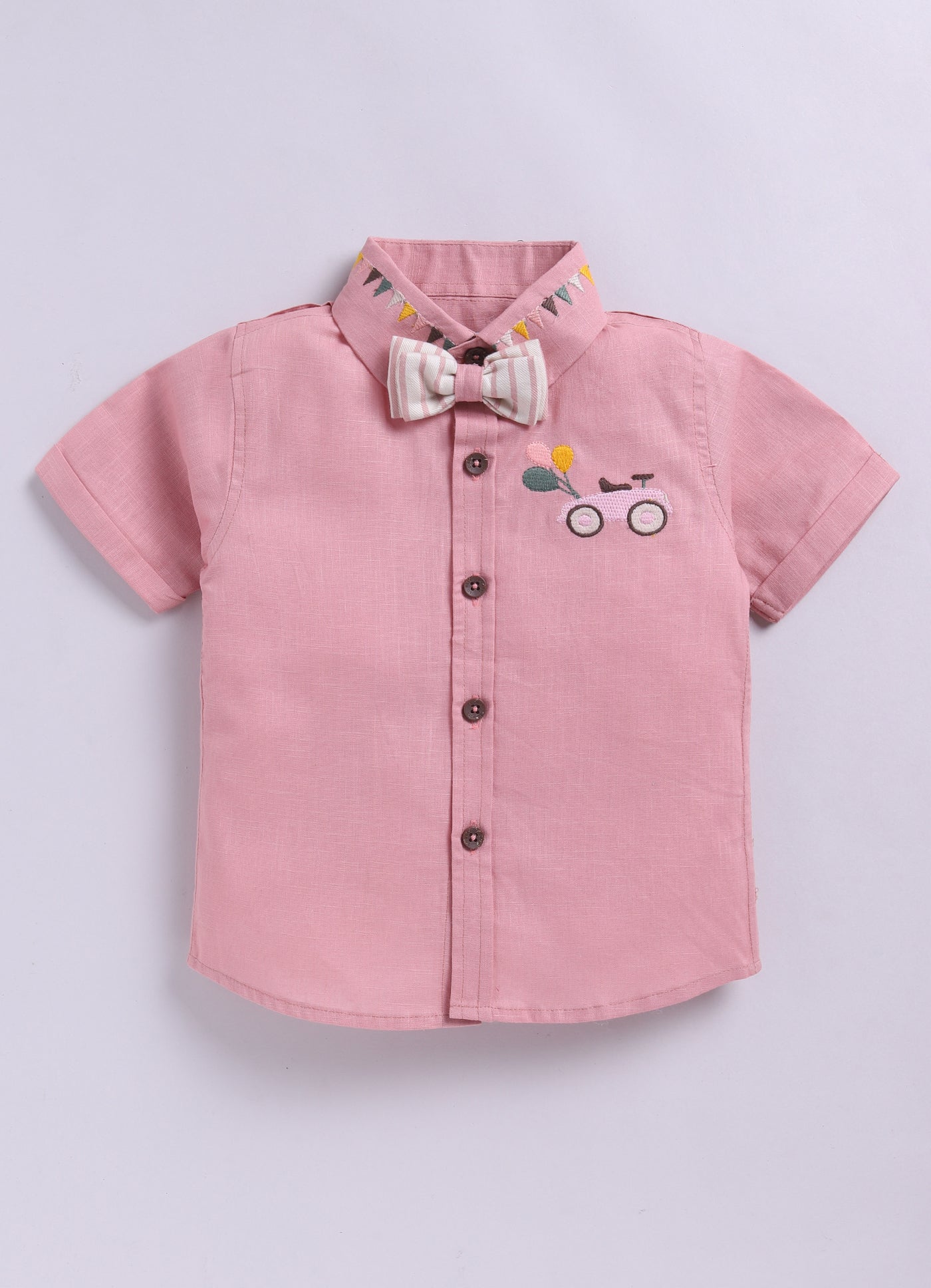 Boys Carnival theme Embriodered Cotton Shirt, Shorts & Bow Suspender Set- Pink