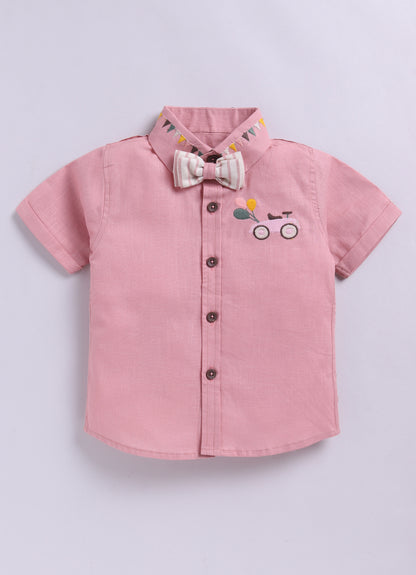 Boys Carnival theme Embriodered Cotton Shirt, Shorts & Bow Suspender Set- Pink