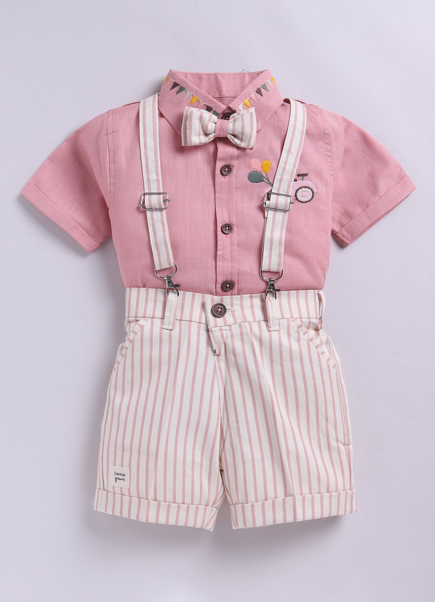 Boys Carnival theme Embriodered Cotton Shirt, Shorts & Bow Suspender Set- Pink