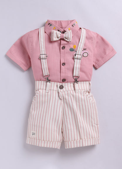 Boys Carnival theme Embriodered Cotton Shirt, Shorts & Bow Suspender Set- Pink