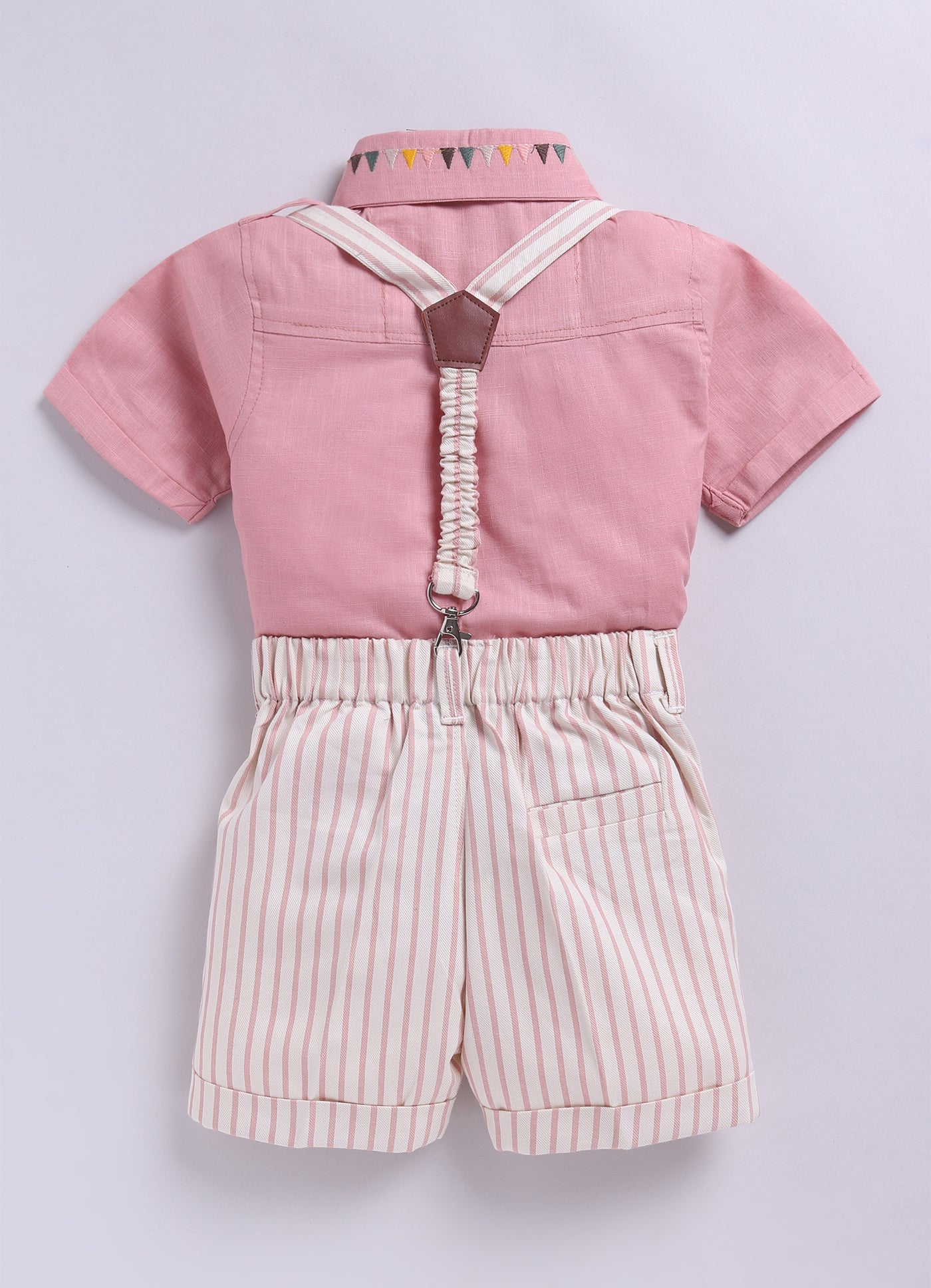 Boys Carnival theme Embriodered Cotton Shirt, Shorts & Bow Suspender Set- Pink
