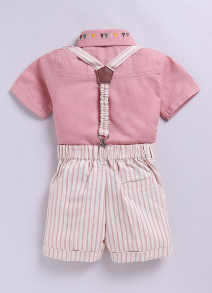 Boys Carnival theme Embriodered Cotton Shirt, Shorts & Bow Suspender Set- Pink