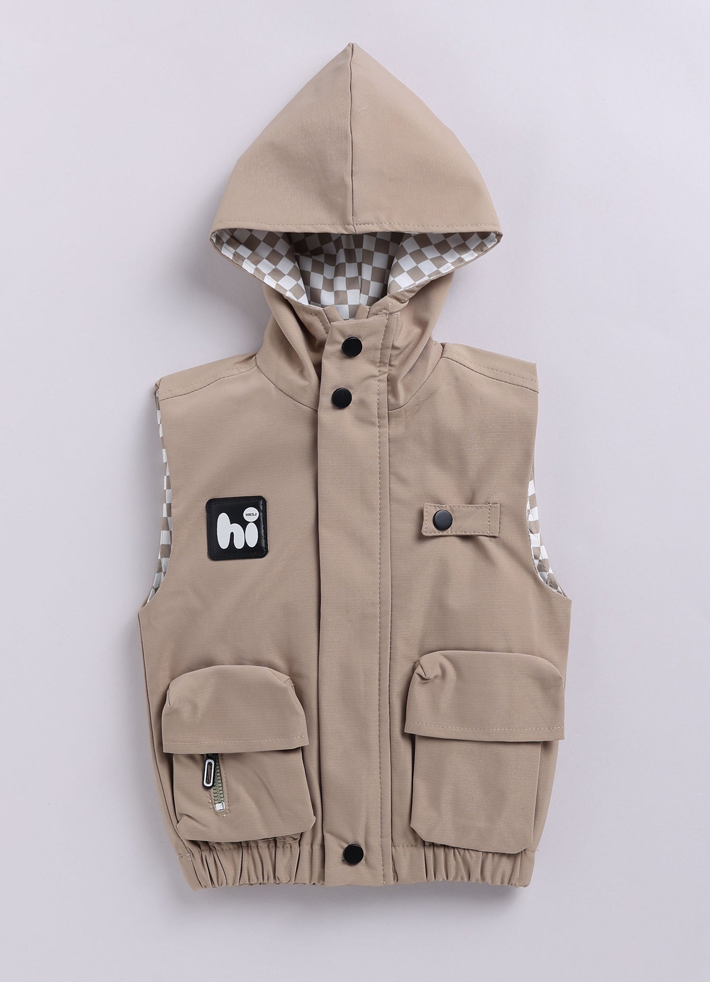 Blended Woven Technical Hooded Jacket Gilet with Utility Multi Pockets and Full Sleeves Tshirt and Trousers - Beige