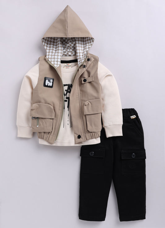 Blended Woven Technical Hooded Jacket Gilet with Utility Multi Pockets and Full Sleeves Tshirt and Trousers - Beige