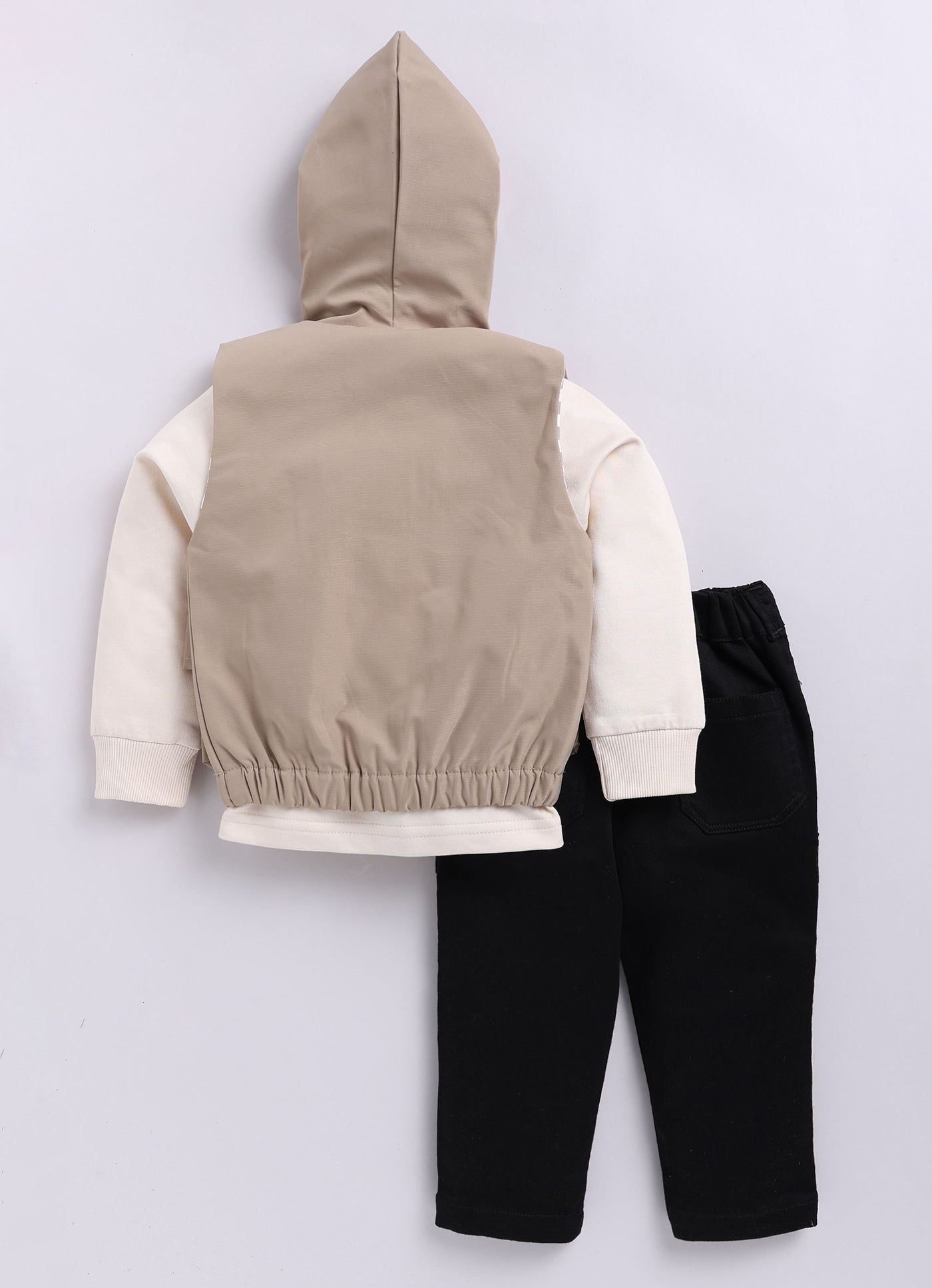 Blended Woven Technical Hooded Jacket Gilet with Utility Multi Pockets and Full Sleeves Tshirt and Trousers - Beige