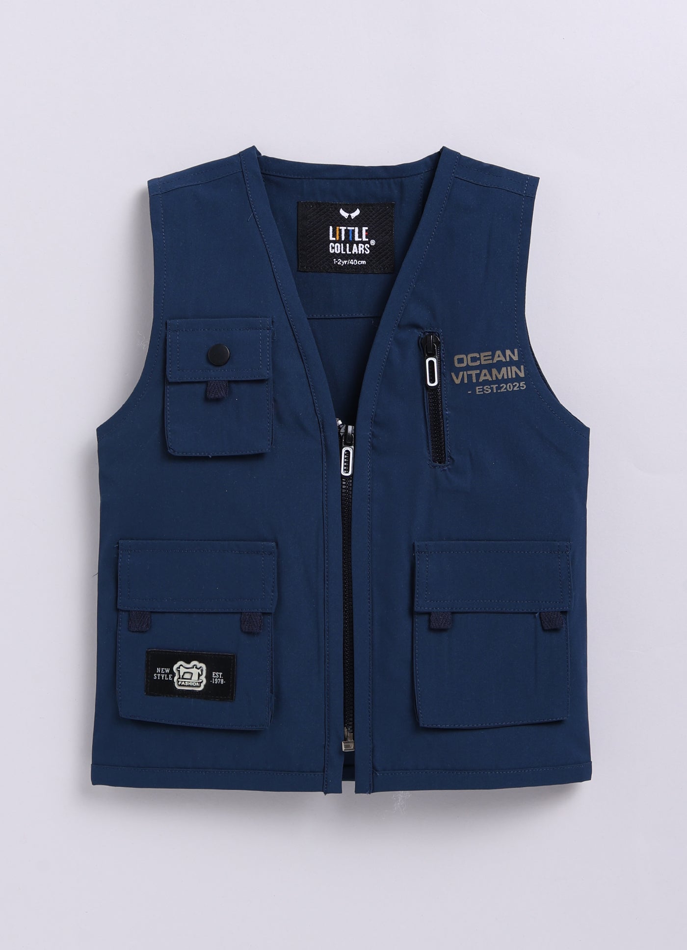 Blended Woven Technical Jacket Gilet with Utility Multi Pockets and Full Sleeves Hooded Teddy T-shirt and Trousers - Blue