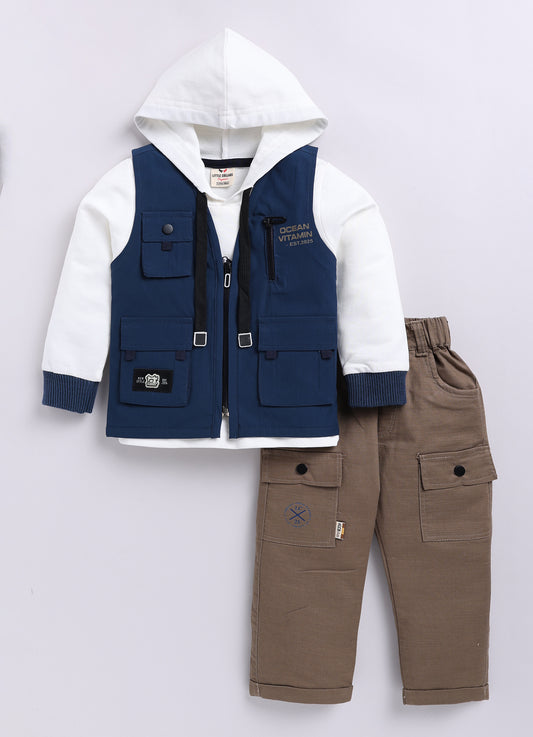 Blended Woven Technical Jacket Gilet with Utility Multi Pockets and Full Sleeves Hooded Teddy T-shirt and Trousers - Blue