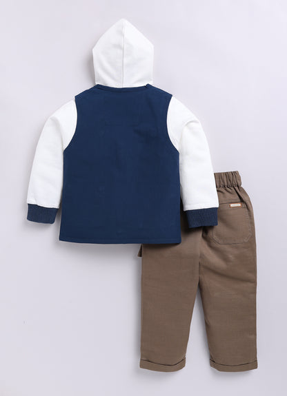 Blended Woven Technical Jacket Gilet with Utility Multi Pockets and Full Sleeves Hooded Teddy T-shirt and Trousers - Blue