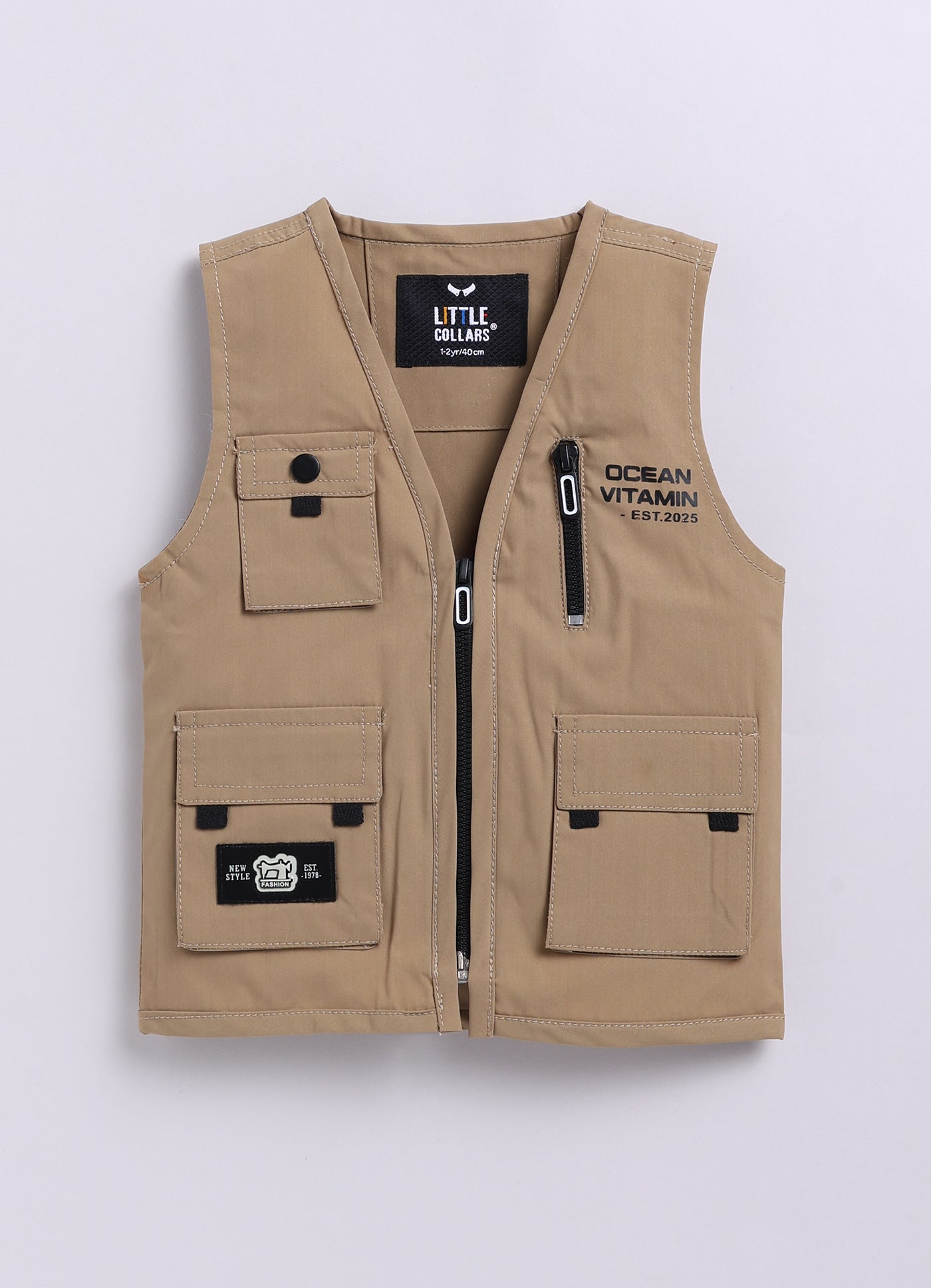 Blended Woven Technical Jacket Gilet with Utility Multi Pockets and Full Sleeves Hooded Teddy T-shirt and Trousers - Khaki