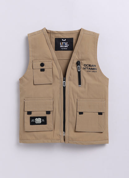 Blended Woven Technical Jacket Gilet with Utility Multi Pockets and Full Sleeves Hooded Teddy T-shirt and Trousers - Khaki