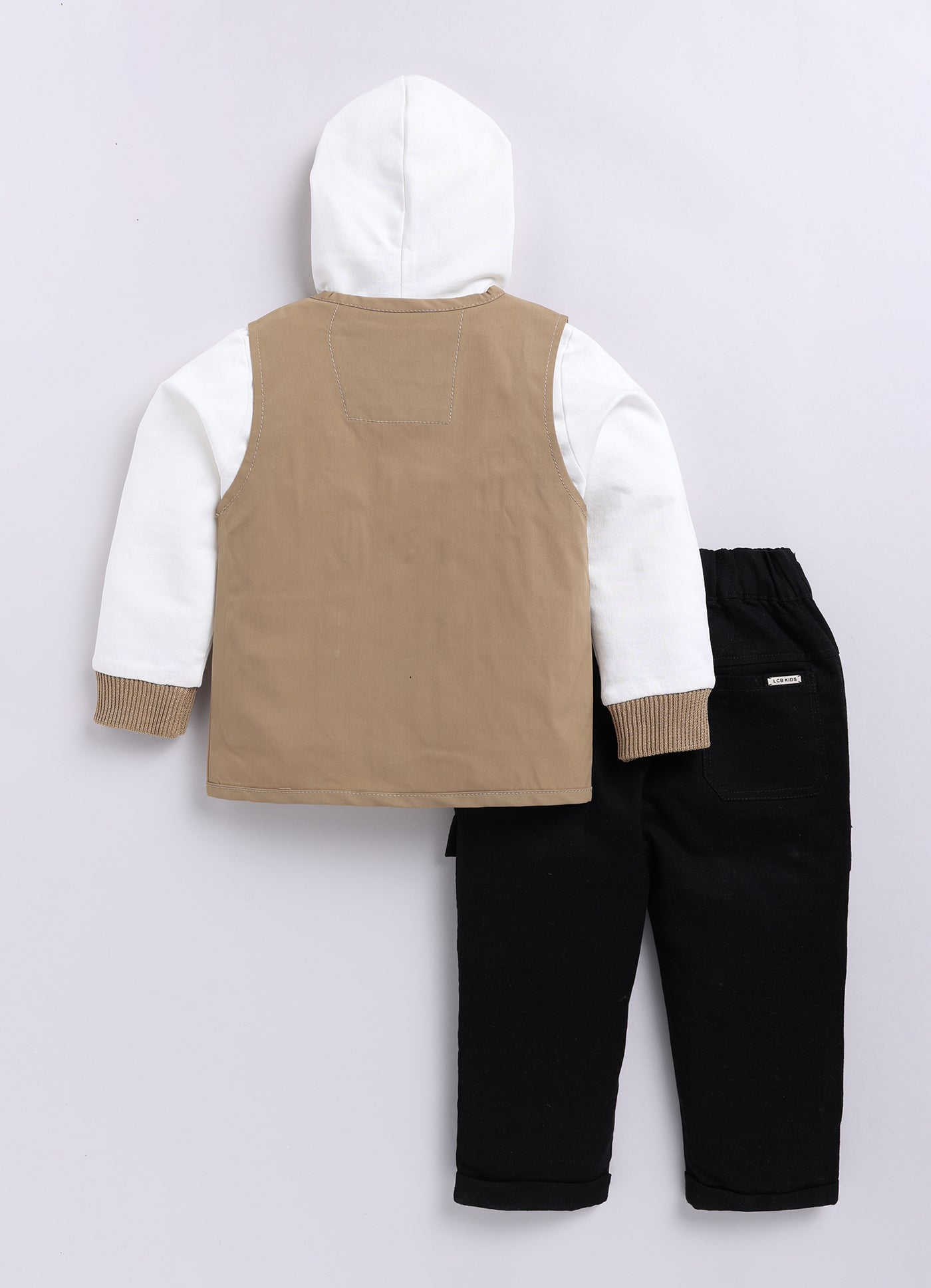 Blended Woven Technical Jacket Gilet with Utility Multi Pockets and Full Sleeves Hooded Teddy T-shirt and Trousers - Khaki