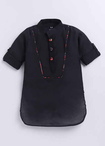 Silk Blended Woven Full Sleeves Floral Printed Nehru Jacket and Solid Kurta Pajama Ethnic Set- Black