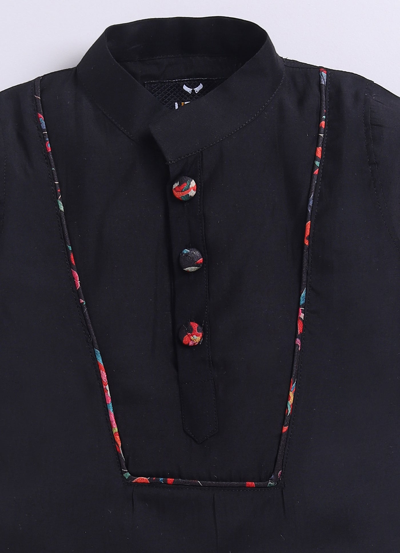 Silk Blended Woven Full Sleeves Floral Printed Nehru Jacket and Solid Kurta Pajama Ethnic Set- Black