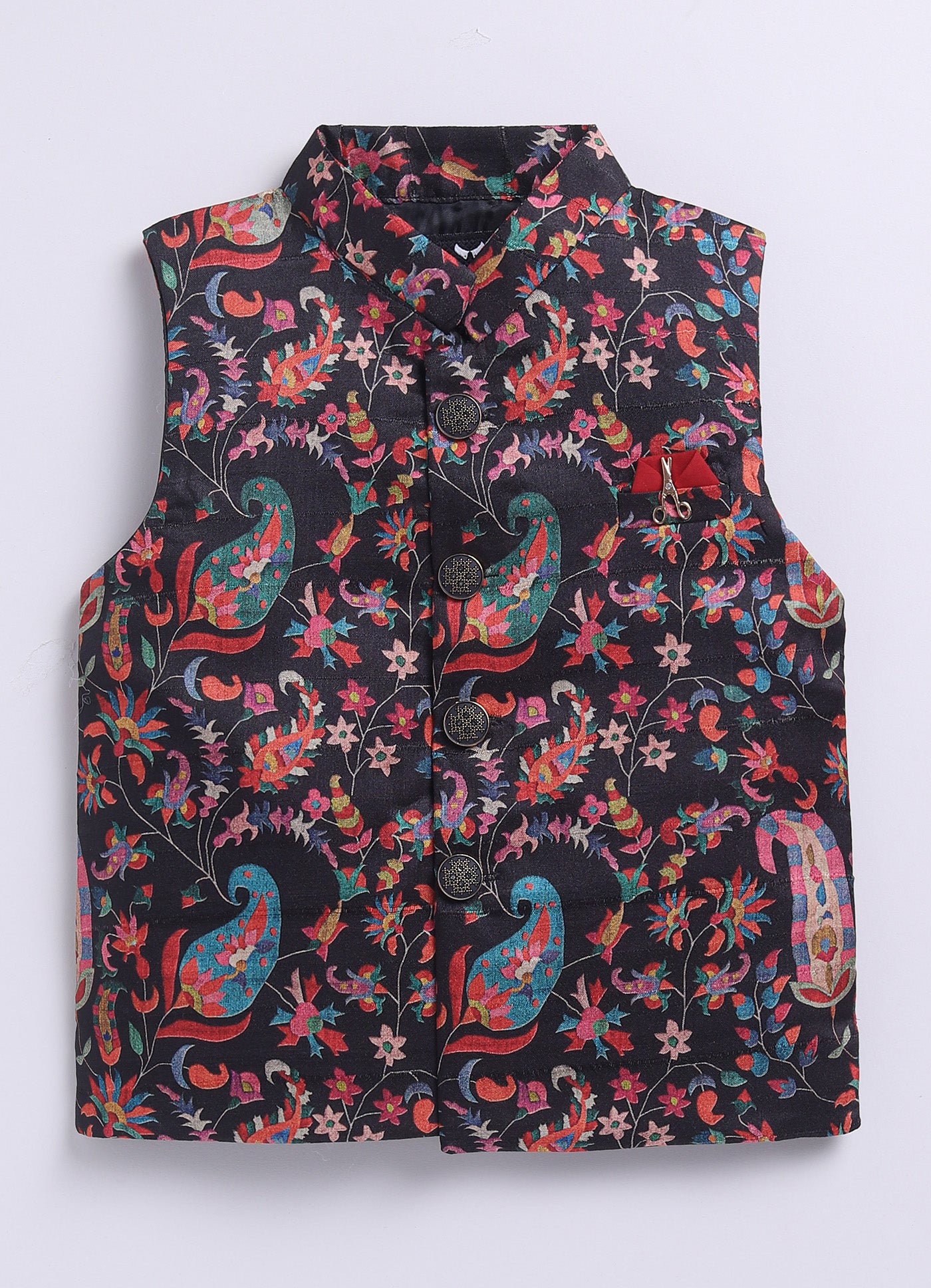 Silk Blended Woven Full Sleeves Floral Printed Nehru Jacket and Solid Kurta Pajama Ethnic Set- Black