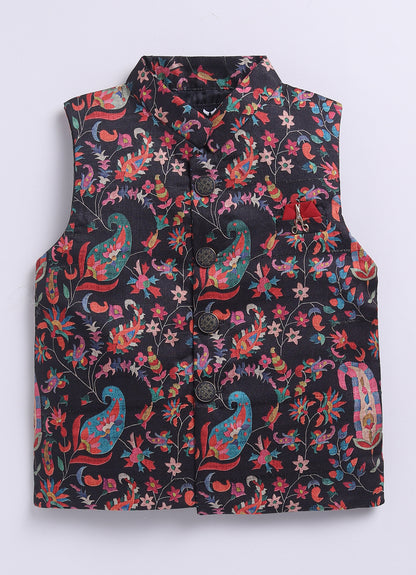 Silk Blended Woven Full Sleeves Floral Printed Nehru Jacket and Solid Kurta Pajama Ethnic Set- Black