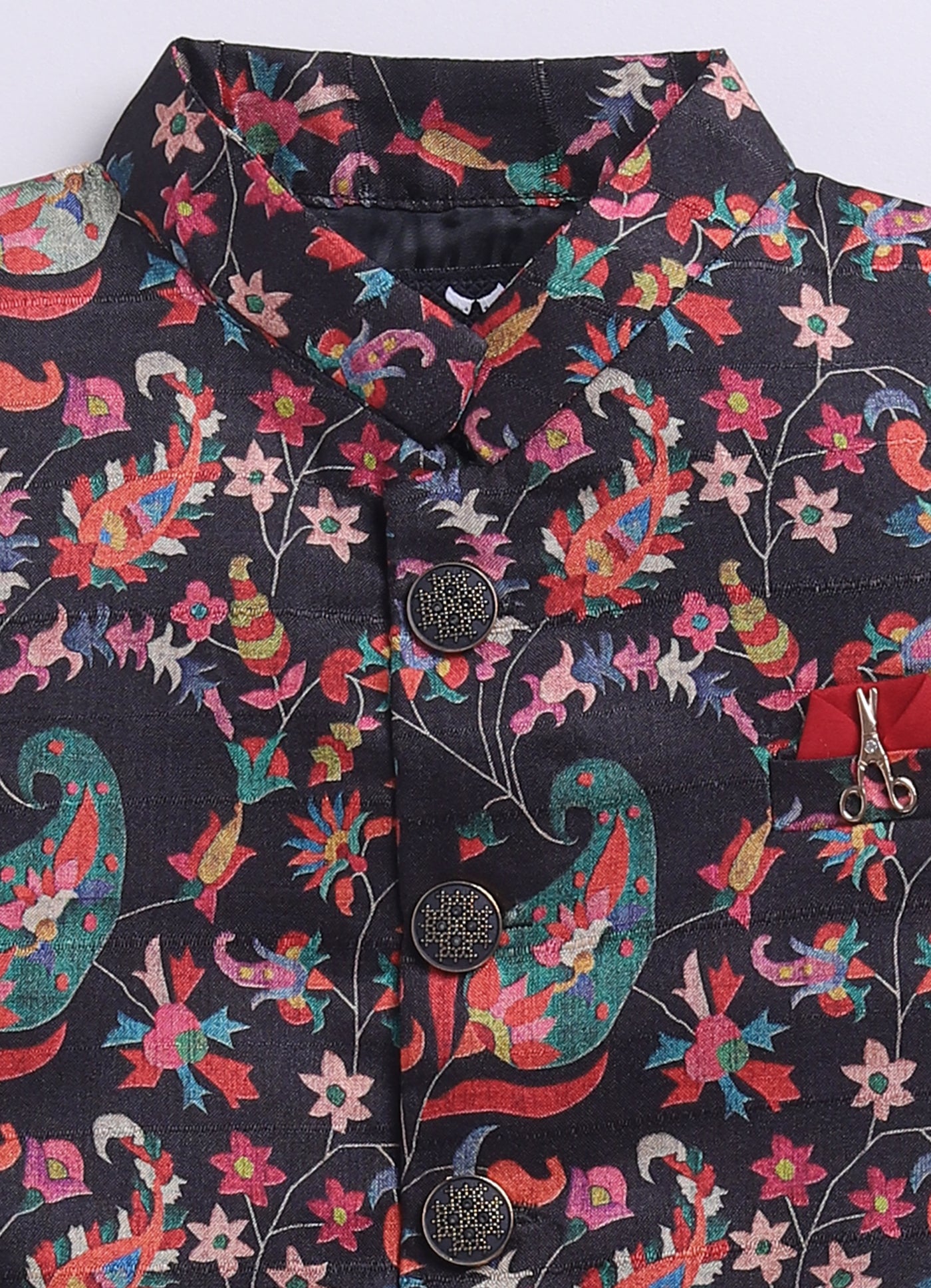 Silk Blended Woven Full Sleeves Floral Printed Nehru Jacket and Solid Kurta Pajama Ethnic Set- Black