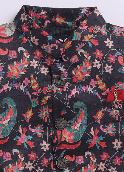 Silk Blended Woven Full Sleeves Floral Printed Nehru Jacket and Solid Kurta Pajama Ethnic Set- Black