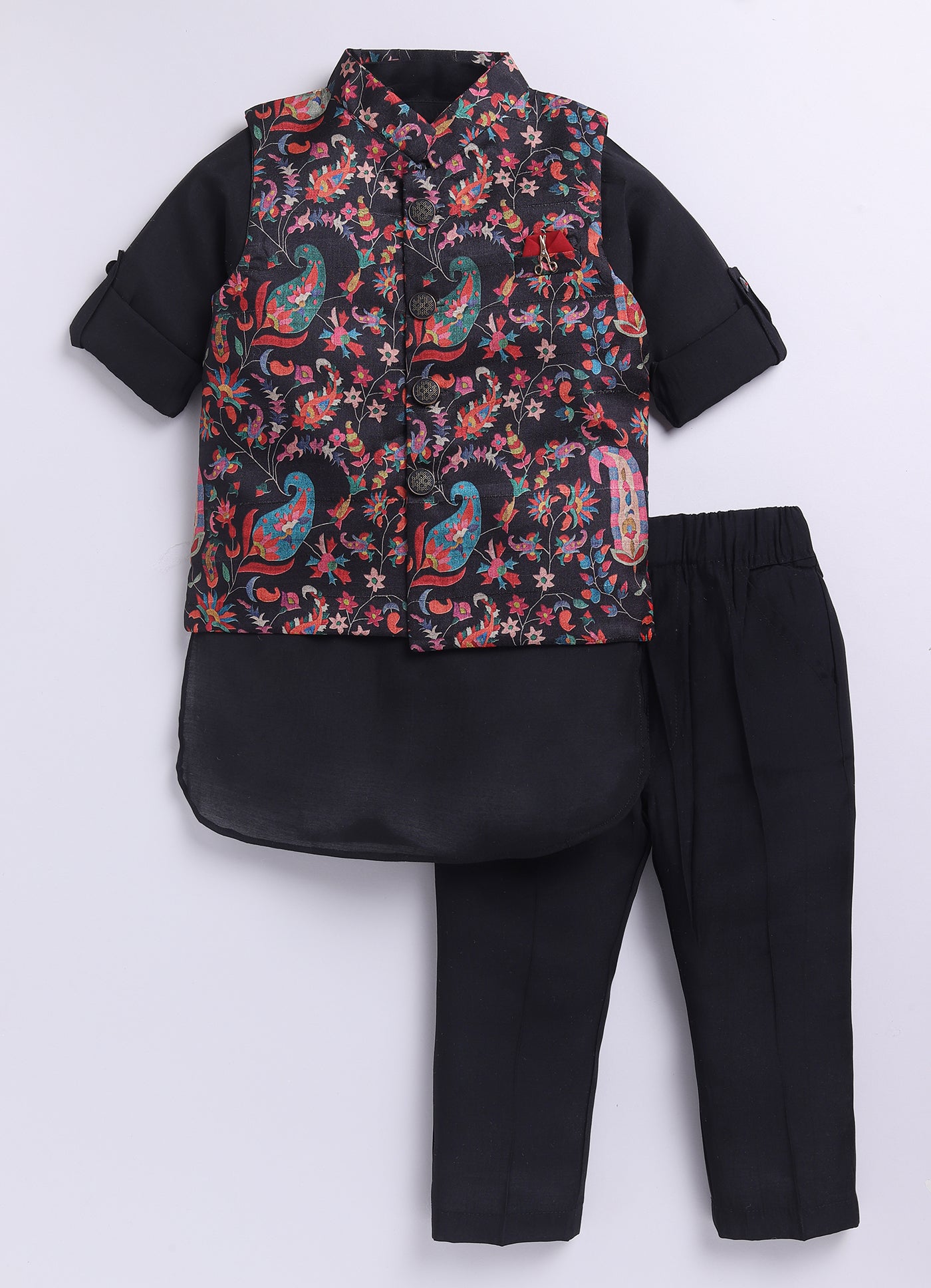 Silk Blended Woven Full Sleeves Floral Printed Nehru Jacket and Solid Kurta Pajama Ethnic Set- Black