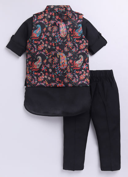 Silk Blended Woven Full Sleeves Floral Printed Nehru Jacket and Solid Kurta Pajama Ethnic Set- Black